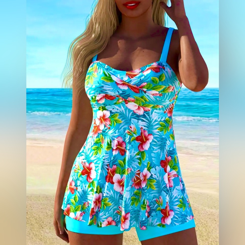 NEW 2 Piece Swim Tankini Set, floral blue #SW-T2-0025